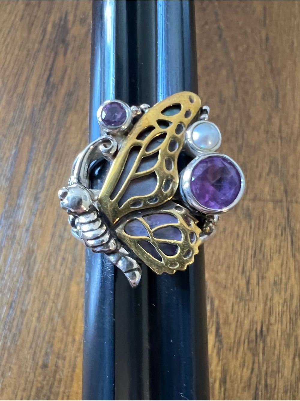 Echo of the Dreamer Butterfly Amethyst & Pearl Ring in Sterling Silver & Bronze